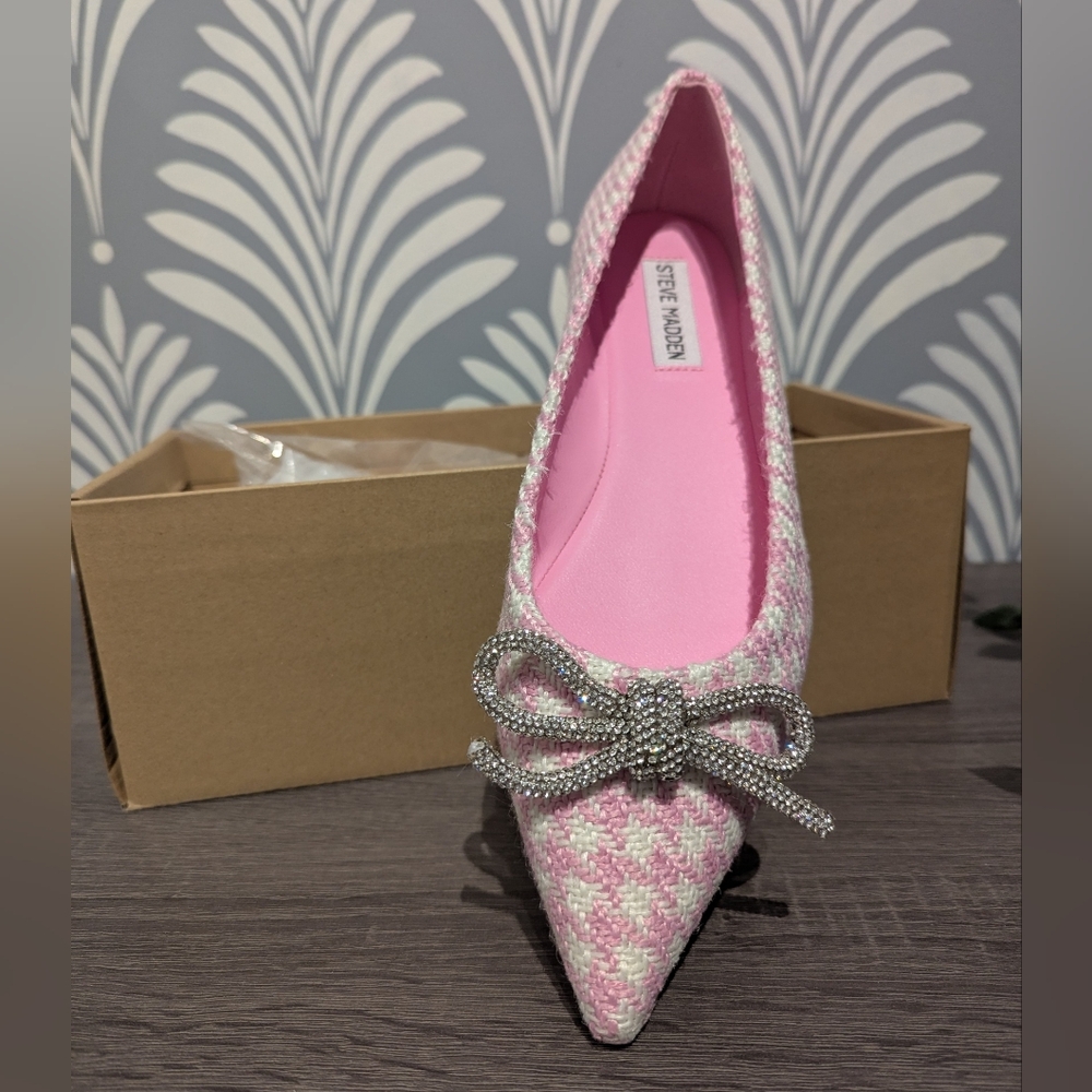 Steve Madden Pink and White Elina Pointed Ballet Flat with Crystal Bow - Picture 3 of 7